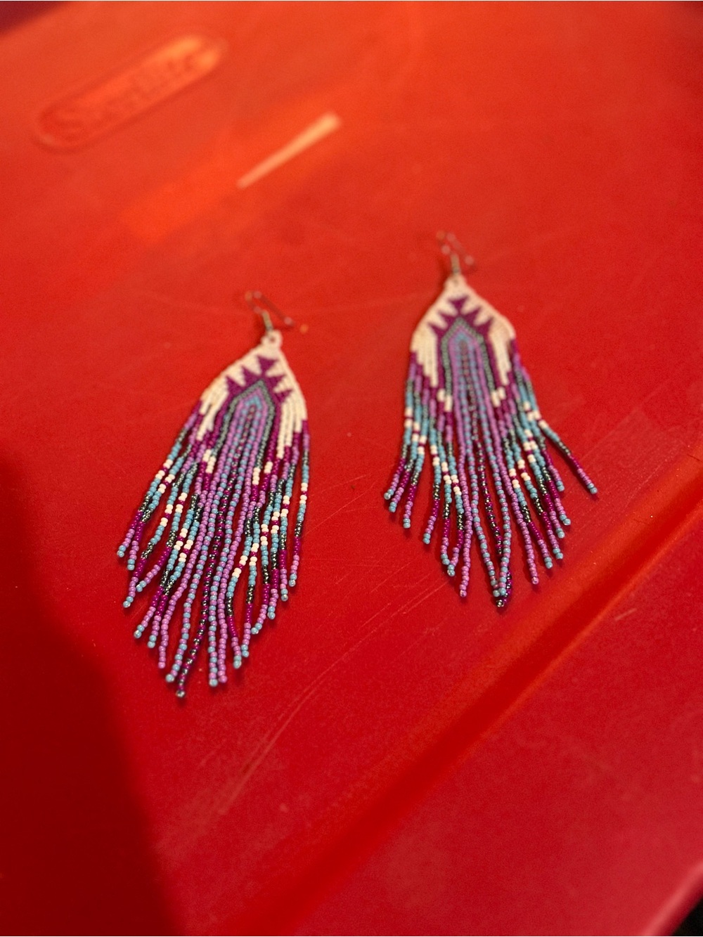 Handmade Beaded Fringe Earrings in Purple and Turquoise